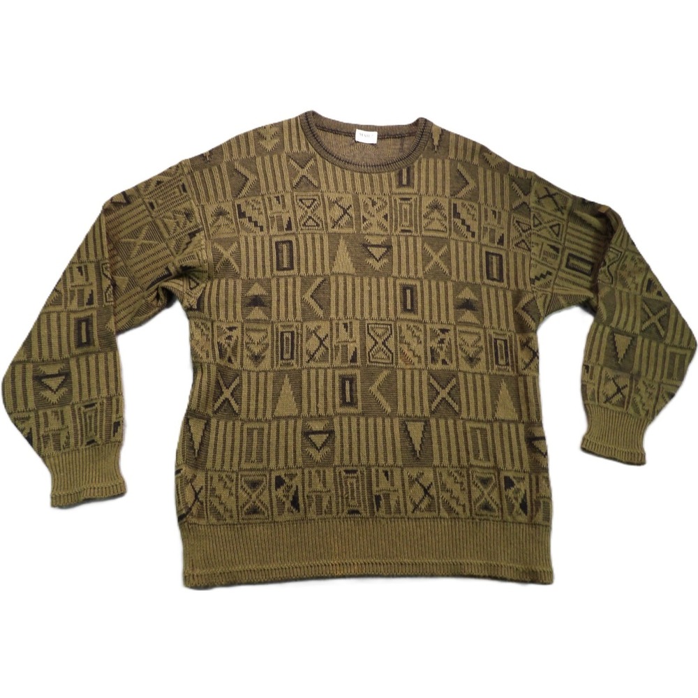 VTG Marz Munchen Cosby Style Sweater Men L Green Geometric Linen Knit W. Germany